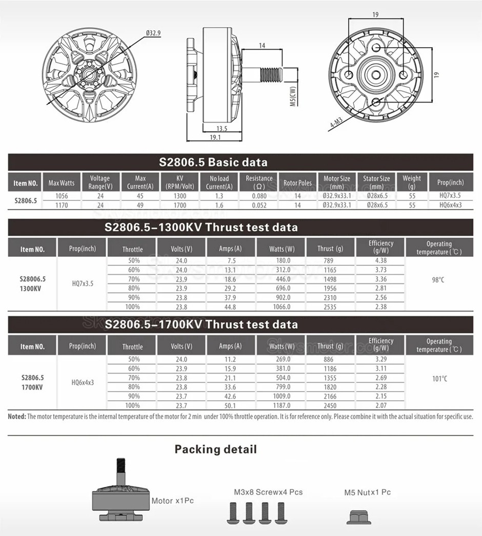 Surpass Hobby S2806.5 1300KV /1700KV ブラシレスドローンモーター (HQ7x3.5 /HQ6x4 x3 プロペラと互換性あり)